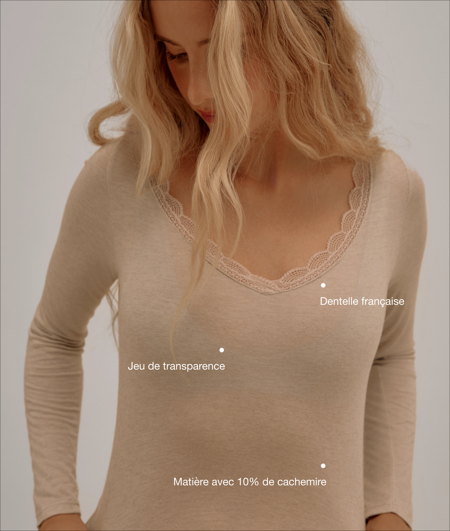 Top Décolleté Dentelle Cachemire & Modal - Beige