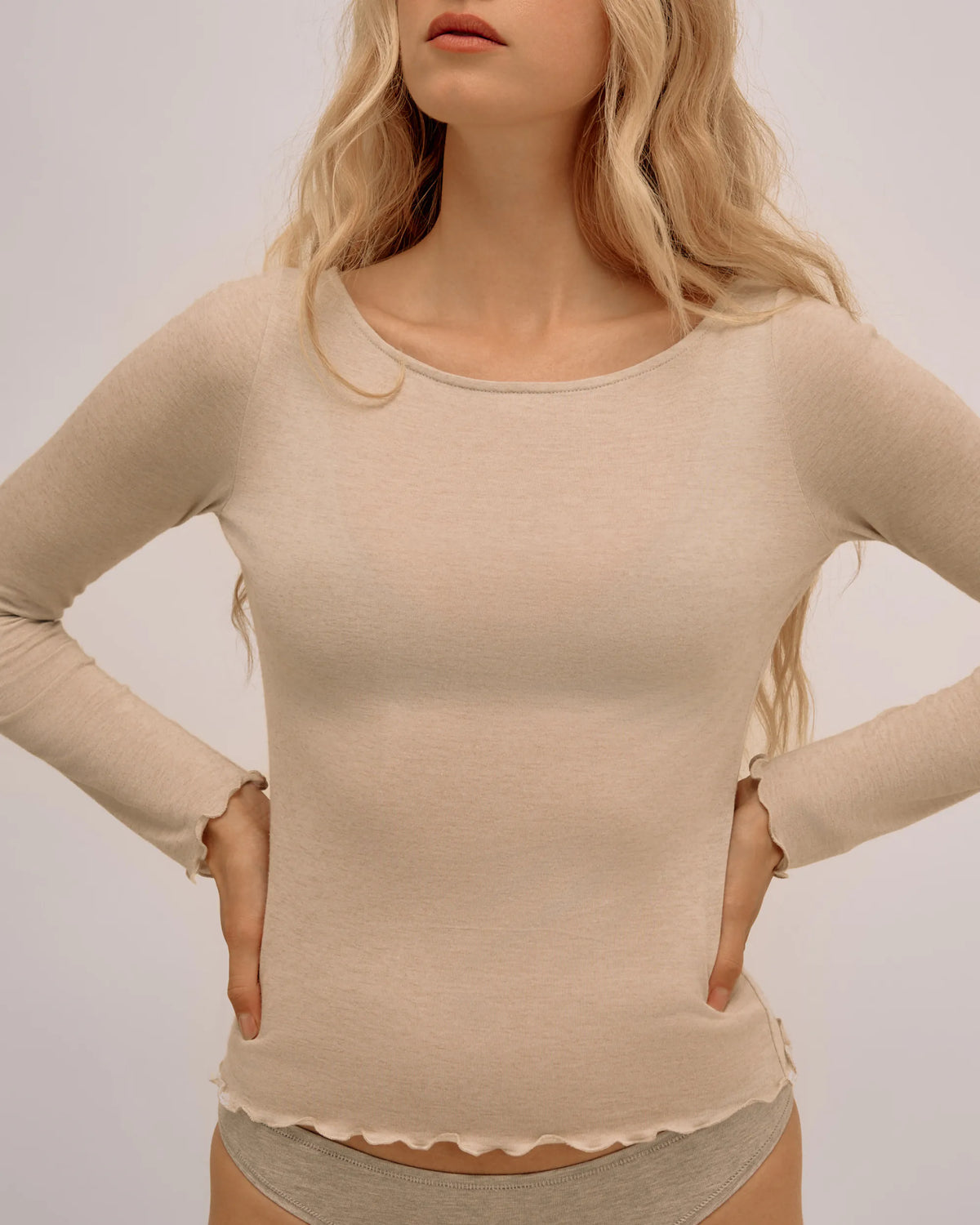Cashmere & Modal Flared-Neckline Top - Beige