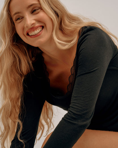 Modal & Cashmere Lace Neckline Top