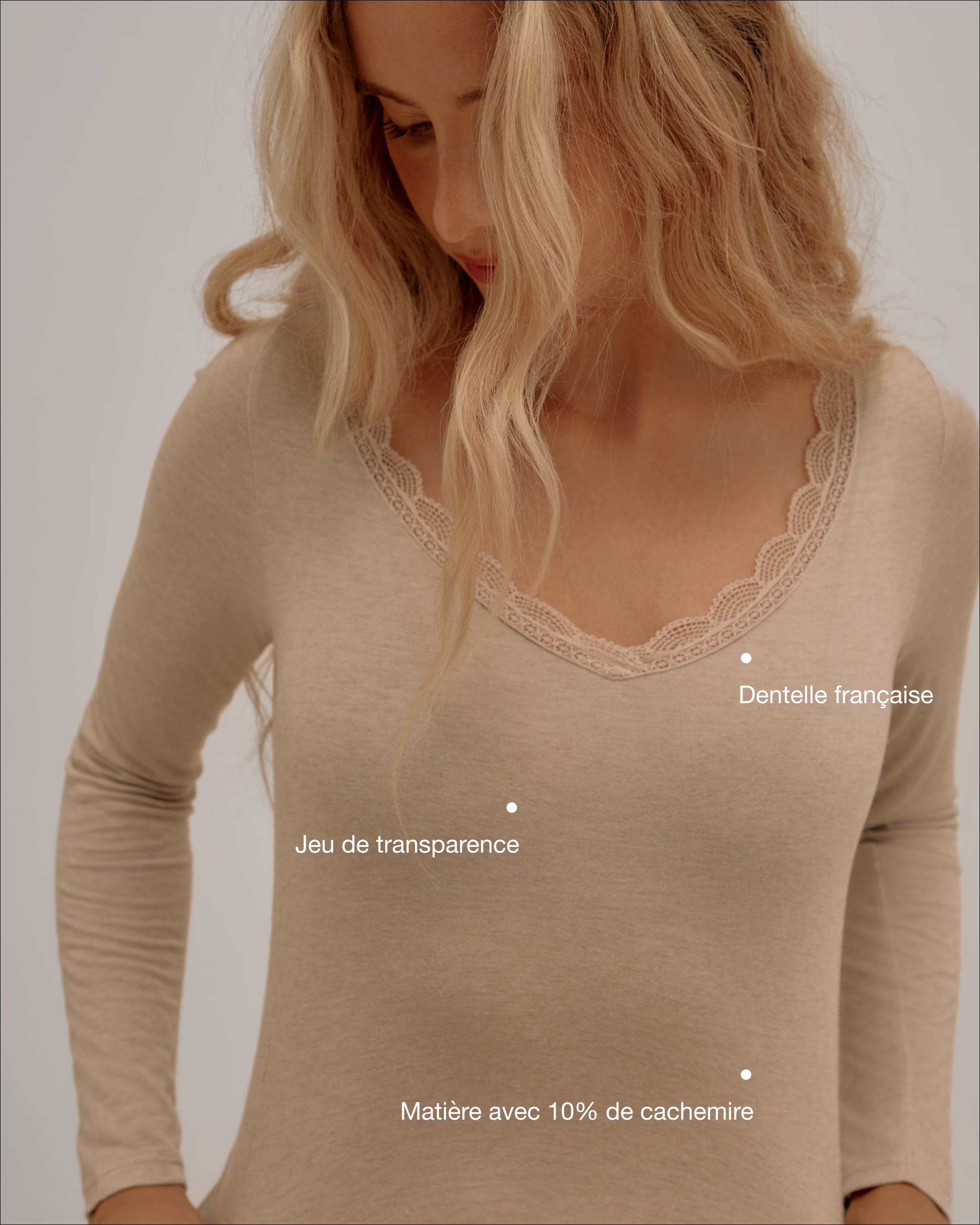 Lace Deep Neck Cashmere & Modal Top - Beige
