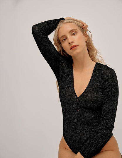 Black Glitter Plunging Neckline Bodysuit
