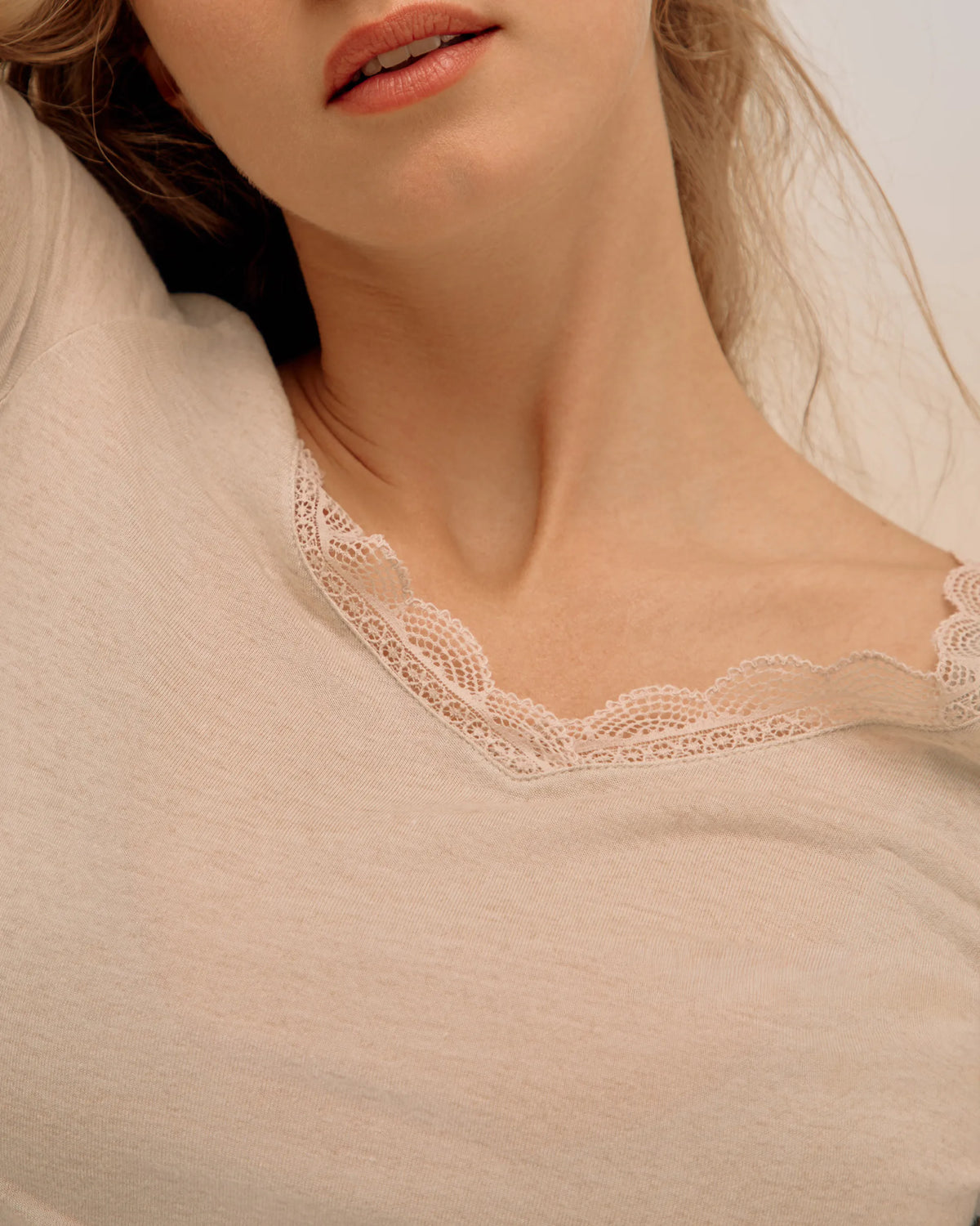 Cashmere & Modal Lace Plunging-Neckline Top - Beige