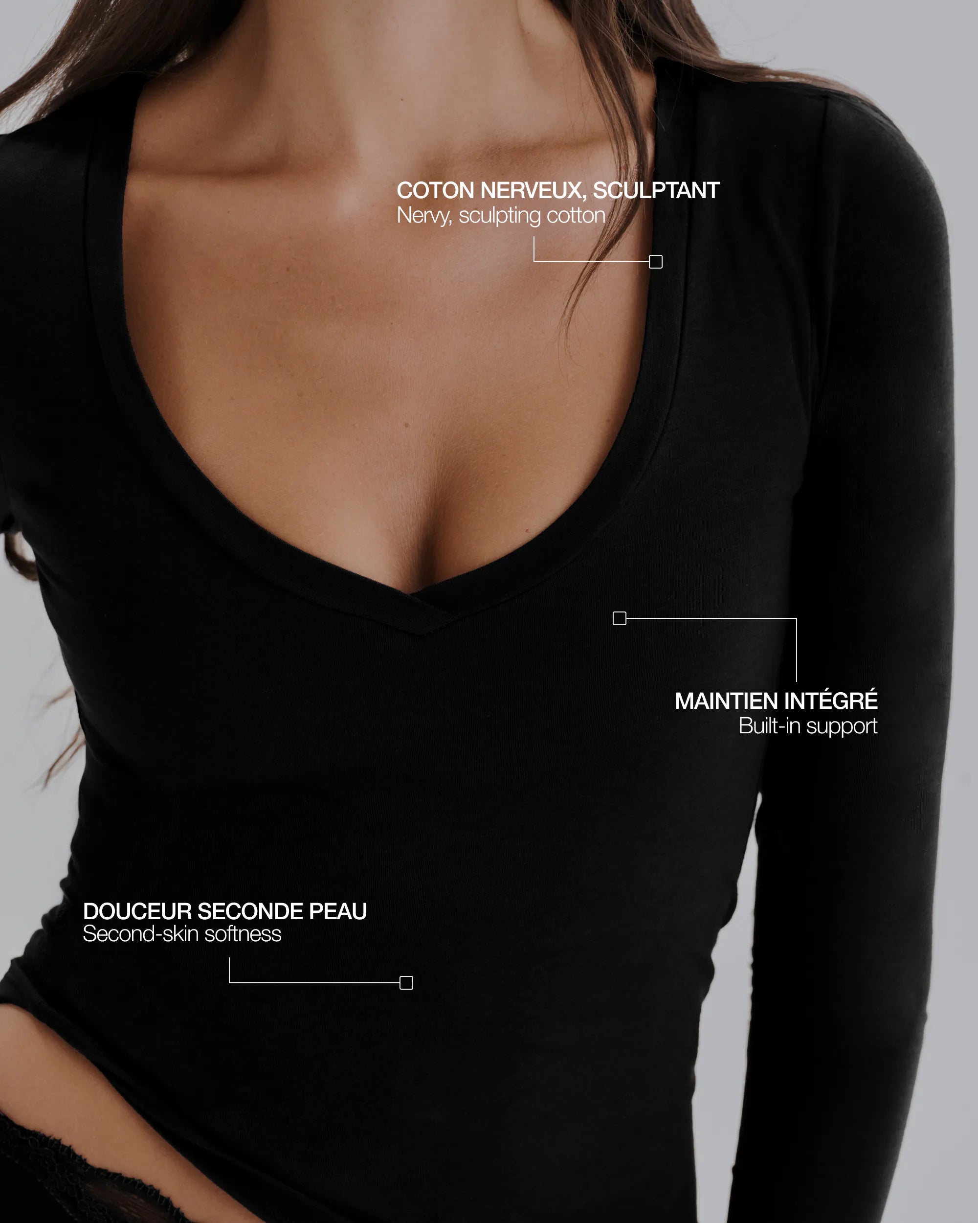 Top Col V Manches Longues Coton No Bra - Dark
