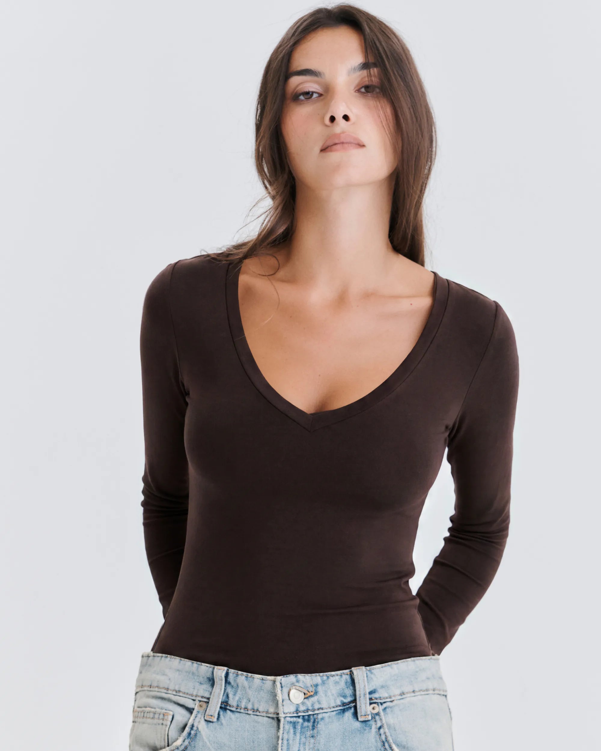 Top Col V Manches Longues Coton No Bra - Mocha