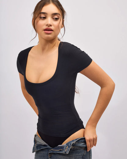 Deep Neck Cotton T-Shirt No Bra - Dark